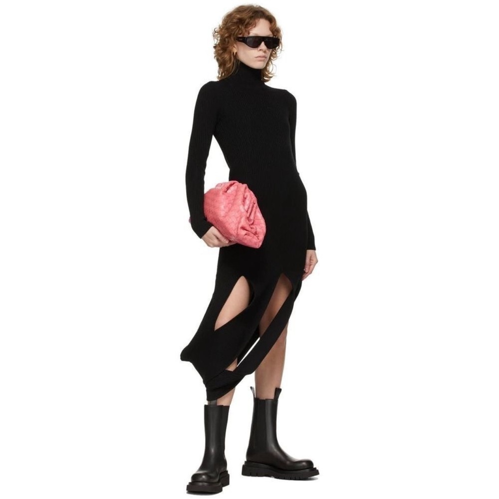 Bottega Veneta Black Sheath Dress with Slit Turtleneck